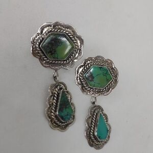 Vintage Oscar Betz Patasi Navajo Silver and Turquoise Green Dangle Earrings